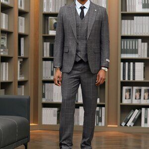 Brown Windowpane 3 Piece Double Breasted Vest Stacy Adams Men's Suit